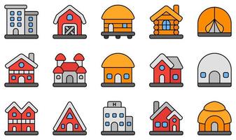 Set of Vector Icons Related to Type Of Houses. Contains such Icons as Apartment, Barn, Bungalow, Cabin, Chalet, Chateau and more.