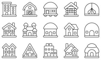 conjunto de iconos vectoriales relacionados con el tipo de casas. contiene íconos como apartamento, granero, bungalow, cabaña, chalet, castillo y más. vector