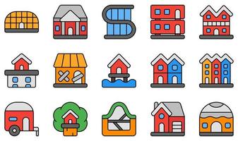 conjunto de iconos vectoriales relacionados con el tipo de casas. contiene íconos como propietario, mansión, casa moderna, ático, choza, casa sobre pilotes y más. vector