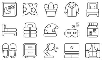 conjunto de iconos vectoriales relacionados con el dormitorio. contiene íconos como almohada, cama individual, saco de dormir, zapatilla, mesa, televisión y más. vector