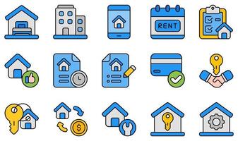 conjunto de iconos vectoriales relacionados con la propiedad de alquiler. contiene íconos como alojamiento, apartamento, aplicación, lista de verificación, contactos, trato y más. vector