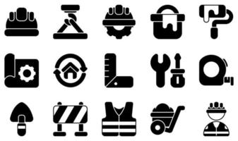 Set of Vector Icons Related to Construction. Contains such Icons as Helmet, Maintenance, Paint Bucket, Vest, Wheelbarrow, Worker and more.