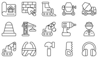 conjunto de iconos vectoriales relacionados con la construcción. contiene íconos como planos, paredes de ladrillos, excavadoras, grúas, ingenieros, excavadoras y más. vector