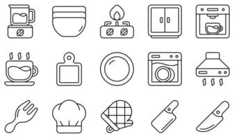 conjunto de iconos vectoriales relacionados con la cocina. contiene íconos como licuadora, tazón, quemador, gabinete, taza, plato y más. vector