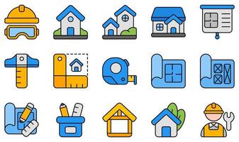 conjunto de iconos vectoriales relacionados con la arquitectura. contiene íconos como casco, casa, plano de la casa, medida, prototipo, trabajador y más. vector