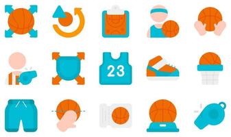 conjunto de iconos vectoriales relacionados con el baloncesto. contiene íconos como pase, plan, jugador, rebote, árbitro, camiseta y más. vector