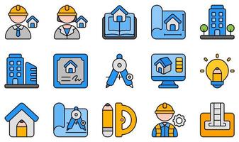 conjunto de iconos vectoriales relacionados con la arquitectura. contiene íconos como arquitecto, arquitectura, planos, construcción, certificado, diseño creativo y más. vector