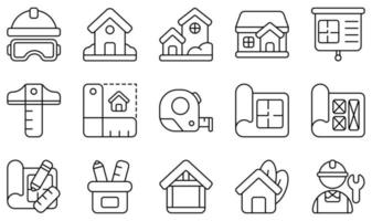 conjunto de iconos vectoriales relacionados con la arquitectura. contiene íconos como casco, casa, plano de la casa, medida, prototipo, trabajador y más. vector