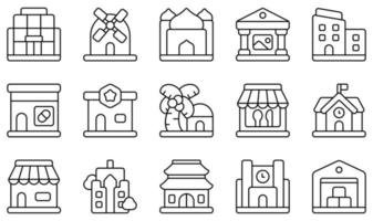 conjunto de iconos vectoriales relacionados con edificios. contiene íconos como centro comercial, molino, mezquita, museo, oficina, farmacia y más. vector