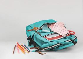 back  to school  and new normal  concept.Front view of  pink polka dots fabric mask , sanitizer gel and  backpack with school supplies on white background. photo