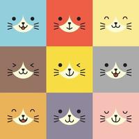 conjunto de varios avatares de expresiones faciales de gato. adorable lindo bebé animal cabeza vector ilustración. diseño simple de emoticono de cara de dibujos animados de animales sonrientes felices. gráficos y fondos coloridos.