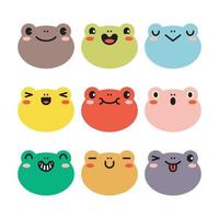 Set of various avatars of frog facial expressions. Adorable cute baby animal head vector illustration. Simple flat design of happy smiling animal cartoon face emoticon. Colorful on a white background.