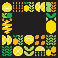 Minimalist flat vector frame, lemon fruit icon symbol. Simple geometric illustration of citrus, oranges, lemonade and leaves. Abstract pattern on black background. For copy space, social media posts.