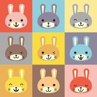 conjunto de varios avatares de expresiones faciales de conejo. adorable lindo bebé animal cabeza vector ilustración. diseño simple de emoticono de cara de dibujos animados de animales sonrientes felices. gráficos y fondos coloridos.