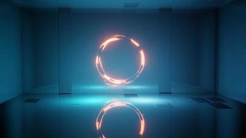 representación 3d la luz de neón fluye en una habitación abstracta con suelo de hormigón. foto