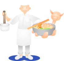 a white hair man chef standing and showing the delicious yummy palatable luscious dainty toothsome delectable scrumptious pork noodles thailand food menu. png