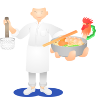 un chef de pelo blanco parado y mostrando el delicioso delicioso menú de comida de tailandia con fideos de pollo para chuparse los dedos.