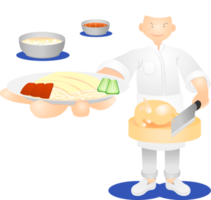 a white hair man chef standing and showing the delicious yummy palatable luscious dainty toothsome delectable scrumptious steamed rice topped with chicken thailand food menu. png