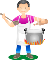 le chef marchand cuisine avec de la sauce de poisson et tient une louche pour tester le goût de la nourriture. png