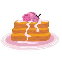 tortitas con frambuesas y caramelo. postre dulce. alimentación saludable. desayuno. perfecto para impresión, afiche, menú y restaurante. ilustración plana vectorial aislada en el fondo blanco. vector