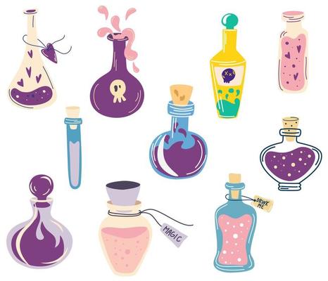 Potions Set. Design for Halloween, invitation cards, greeting cards, printing. Vector hand draw illustration isolated on the white background.