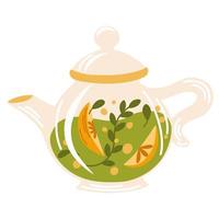 Fruit tea. Mug with tea berries and leaves. Hot natural drink for health. Pharmacist of natural wellness poster, organic, herbal tea, orange slices and herbs. Vector cartoon illustration