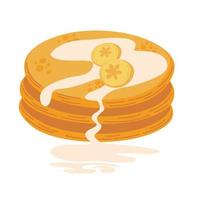 Pancakes with banana and caramel. Sweet dessert. Healthy eating. Breakfast. Perfect for printing, poster, menu and restaurant. Vector flat illustration isolated on the white background.