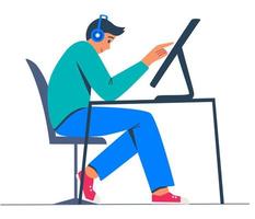 el hombre está trabajando en una computadora. concepto de comunicación empresarial. freelance, negocio, trabajo, estudiante. ilustración vectorial plana de moda aislada en el fondo blanco. vector