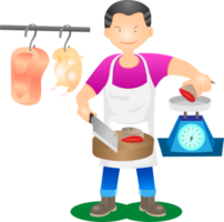 le chef marchand se tient debout, coupe la viande, le poisson, le poulet et pèse pour la vente. png