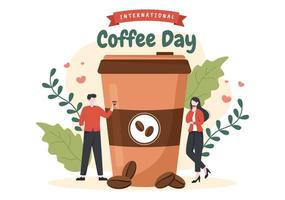 día internacional del café el 1 de octubre ilustración de caricatura plana dibujada a mano con granos de cacao y personas bebiendo una taza en el café vector