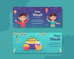 Indian Celebrating Diwali Day Horizontal Banner Template Hand Drawn Cartoon Flat Illustration vector