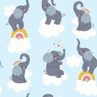 Seamless pattern with cute elephants and clouds. Vector graphics.