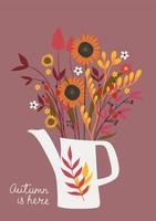 Postcard with an autumn bouquet and the inscription Autumn is here. Vector graphics.