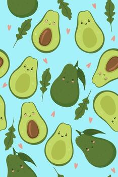 Cute seamless pattern with avocado and arugula leaves. Vector graphics.