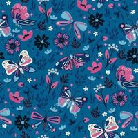 Seamless pattern with pink and blue butterflies and flowers. Vector graphics.