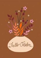 Postcard with an autumn bouquet in a vase. Vector graphics.