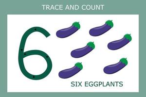 A game of tracing the outlines of the number six with  eggplants . Preschool worksheet, kids activity sheet, printable worksheet vector