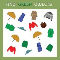 Find the green  clothes character among others. Looking for green. Logic game for children. vector