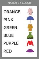 Connect the name of the color and the character of the clothes.  Logic game for children. vector