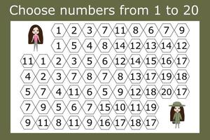 The task is to go through a maze of numbers from 1 to 20. Educational exercises for preschool children vector