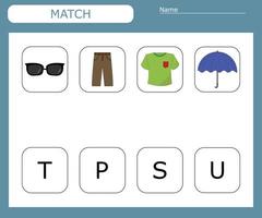 Find the first letter of the clothes  and connect. Educational game for children. vector