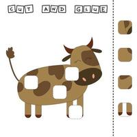 Cut out and glue. Educational game for children. Vector template with cow