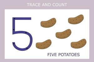 A game of tracing the outlines of the number five with b potatoes . Preschool worksheet, kids activity sheet, printable worksheet vector
