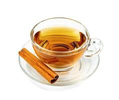 Transparent cup of tea with cinnamon sticks isolated on white background ,include clipping path photo