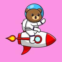 Cute Bear Astronaut Riding Rocket And Waving Hand Cartoon Vector Icon Illustration. Animal Technology Flat Cartoon Concept