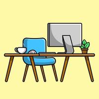 computadora del espacio de trabajo con ilustración de icono de vector de dibujos animados de café y plantas. concepto de dibujos animados plana de tecnología de lugar de trabajo