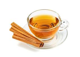 Transparent cup of tea with cinnamon sticks isolated on white background ,include clipping path photo