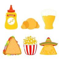 Funny happy fast food characters set. Vector hand drawn cartoon kawaii character illustration. Isolated white background. Cute mustard, croissant, beer, sandwich, popcorn, nachos