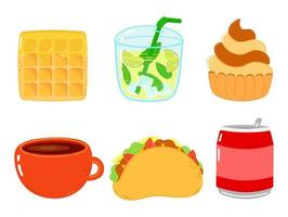Funny happy fast food characters set. Vector hand drawn cartoon kawaii character illustration. Isolated white background. Cute wafer, mojito, cake, coffee cup, coffee cup, can of cola