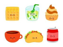 conjunto de divertidos personajes felices de comida rápida. ilustración de personaje kawaii de dibujos animados dibujados a mano vectorial. fondo blanco aislado. linda oblea, mojito, pastel, taza de café, lata de refresco de cola vector